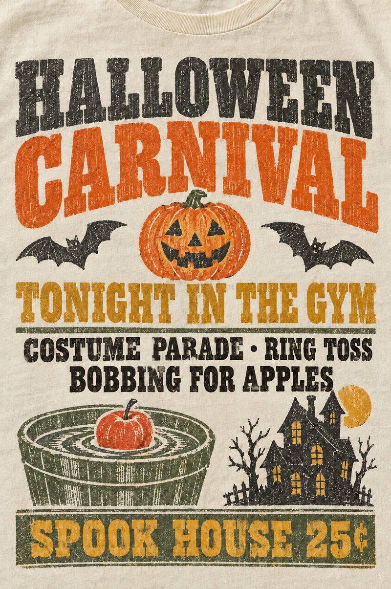 Ivory tee printed with a letterpress school carnival poster: Halloween Carnival, Tonight in the Gym, Costume Parade, Ring Toss, Bobbing for Apples, Spook House 25 cents