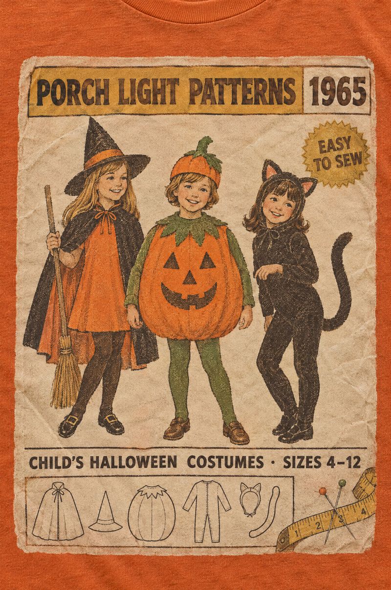 Orange tee printed with a 1970s sewing-pattern envelope reading Porch Light Patterns 1965, Easy to Sew, Child’s Halloween Costumes, with three kids in witch, pumpkin and black cat costumes