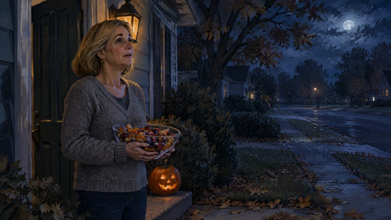 Illustration: Lisa in her fifties stands in her doorway with a full candy bowl, looking down an empty street, 2018