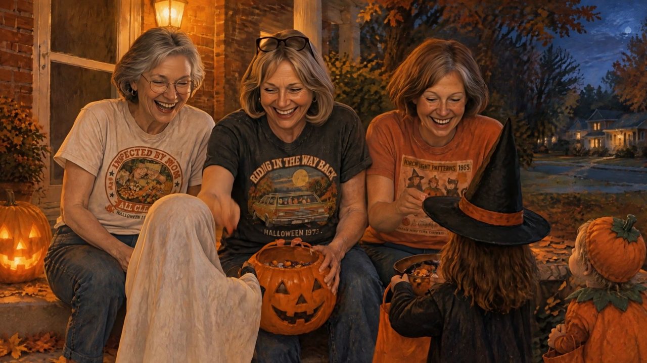 Illustration: Lisa and her two older sisters laugh on Lisa’s porch in Porch Light shirts, handing candy to trick-or-treaters, Halloween night
