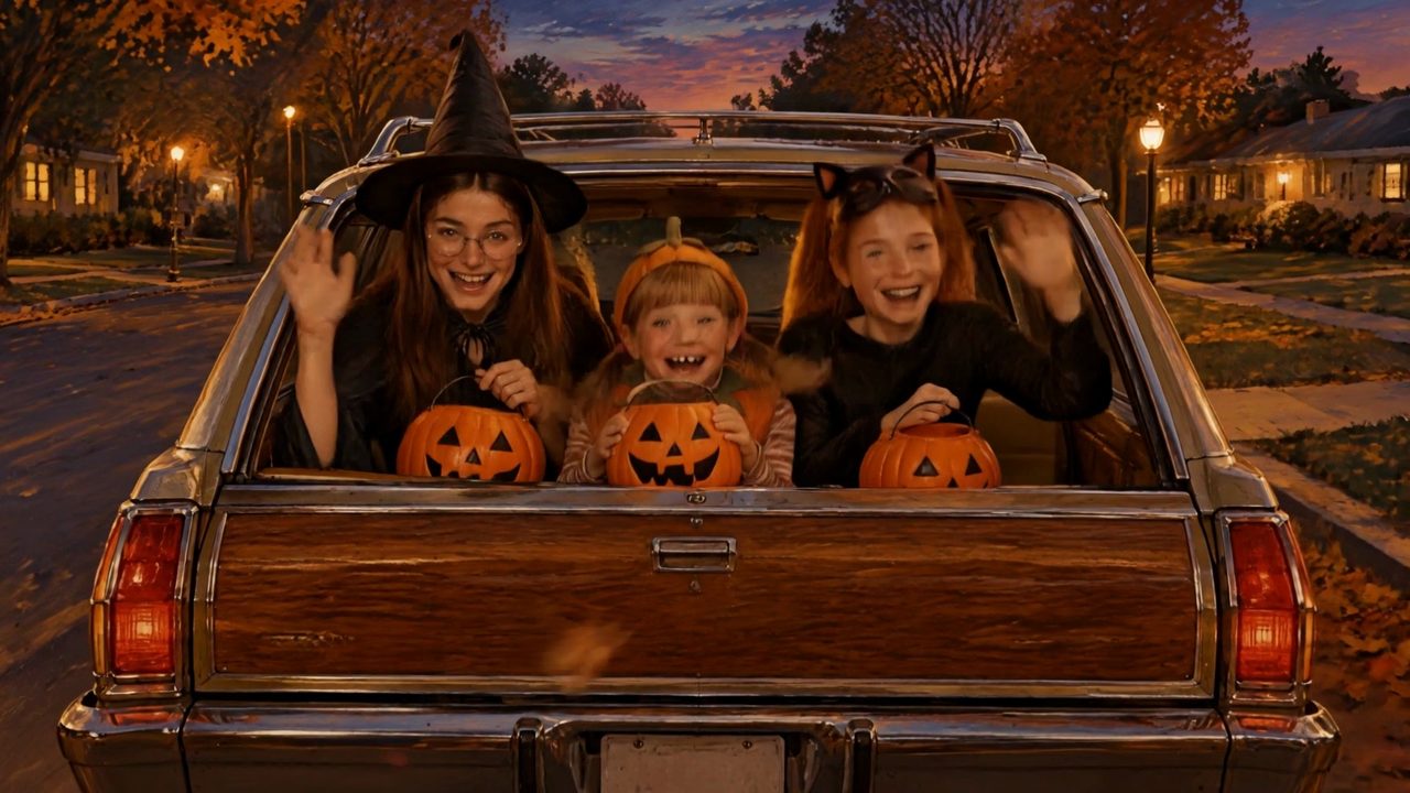 Illustration: three sisters in witch, pumpkin and black cat costumes wave from the rear-facing seat of a wood-paneled station wagon, 1973